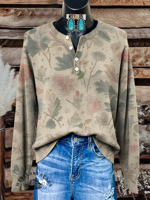 Retro Floral Art Print Buttoned Cardigan Sweater