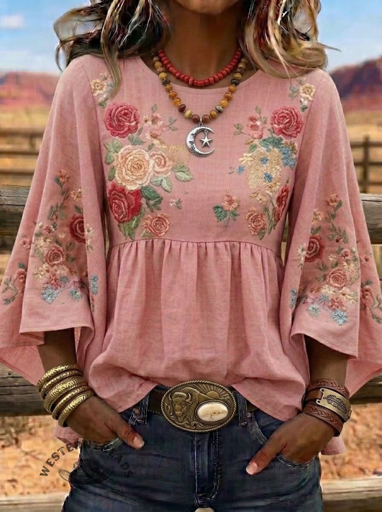 Vintage Floral Print Casual Round Neck Bell Sleeve Top