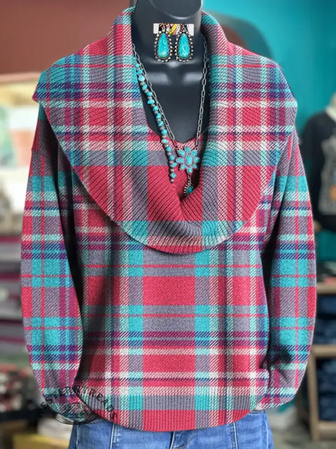 Plaid Art Print Cowl Neck Sweater