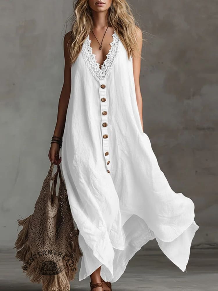 Women's Solid Color Sleeveless Cotton And Linen Tank Dress