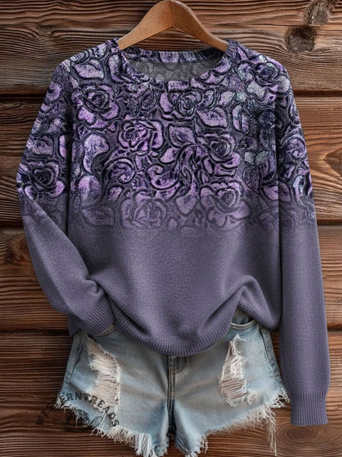 Purple Floral Art Print Knit Pullover Sweater