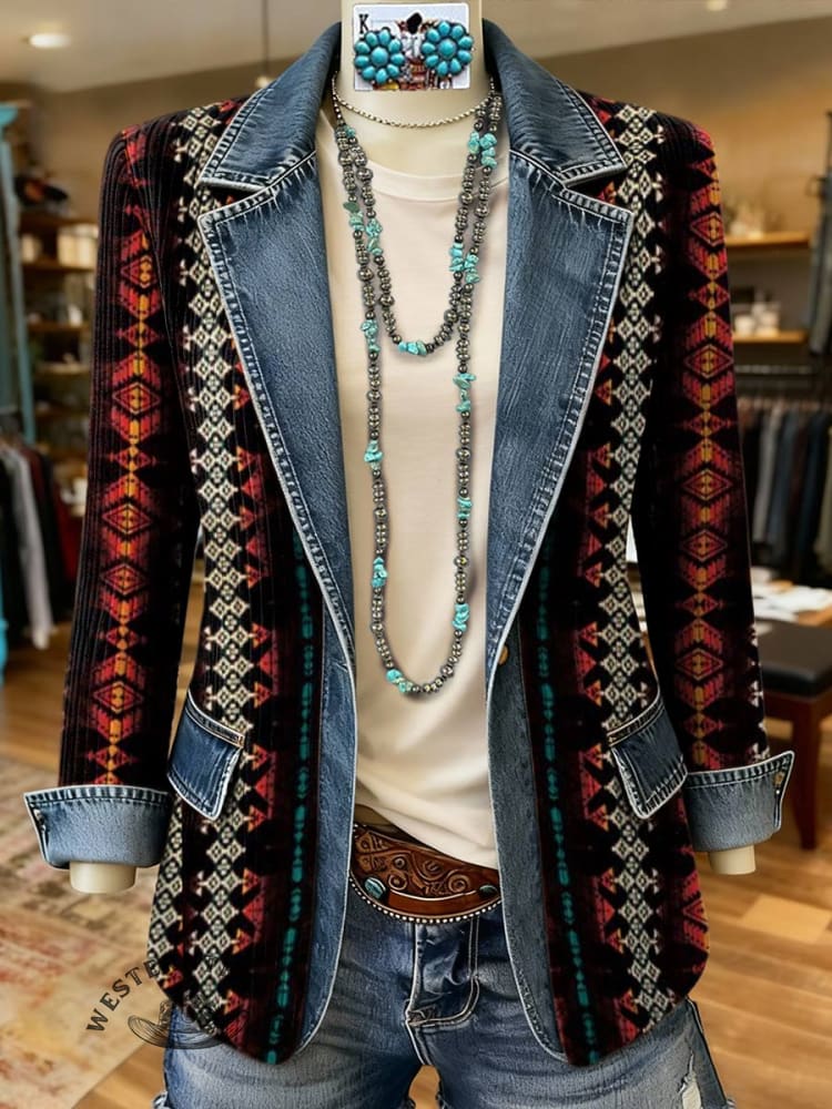 Aztec Print Patchwork Denim Sweater