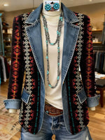 Aztec Print Patchwork Denim Sweater