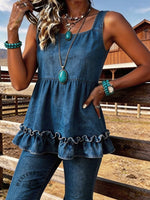 Women's Sleeveless Square Neck Ruffled Denim Top