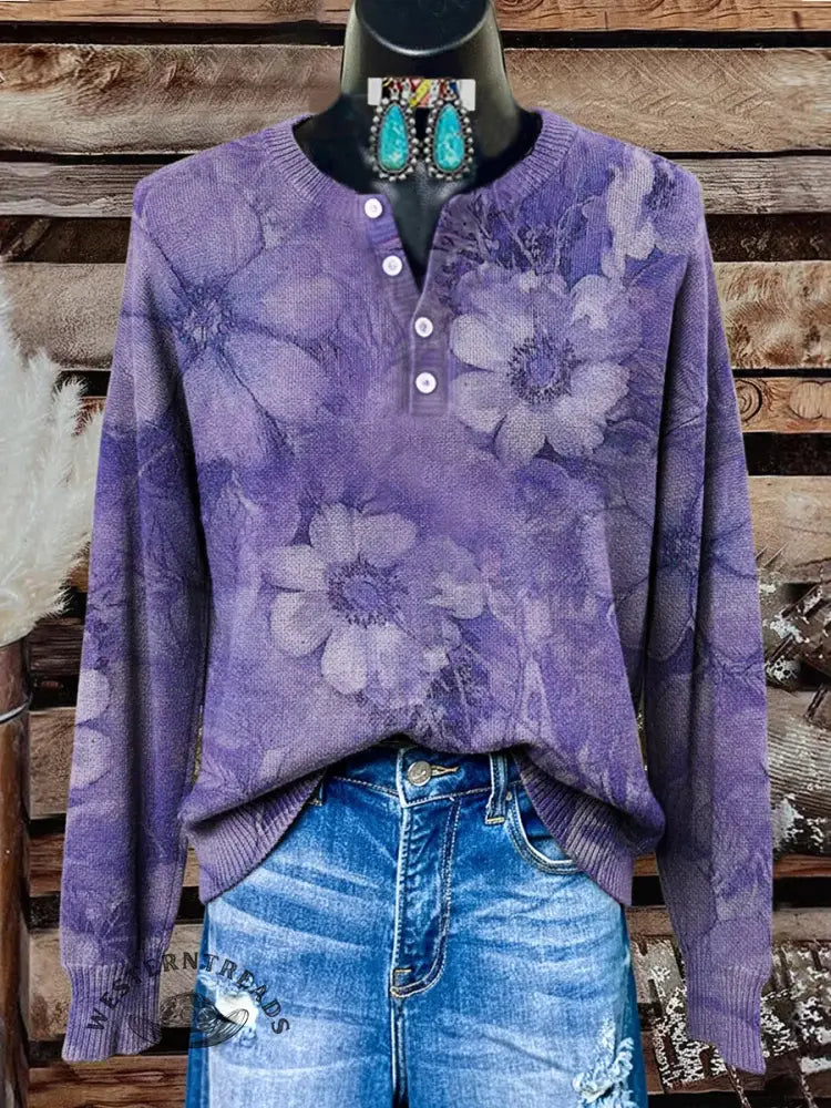 Floral Watercolor Art Print Buttoned Cardigan Sweater