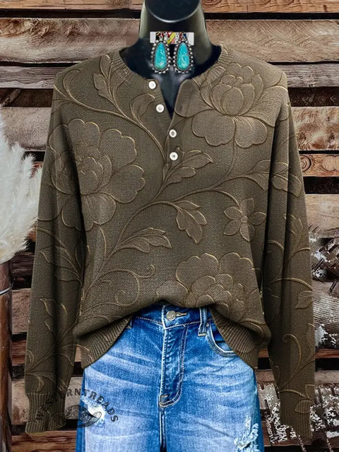 Simple Floral Art Print Buttoned Cardigan Sweater