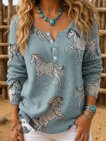Women's Retro Western Horse Art Print Henley Neck Sweater Top