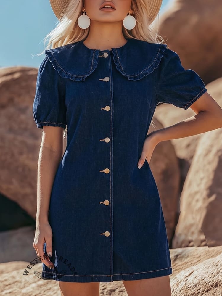 Women's Button-down Denim Dress With Peter Pan Collar