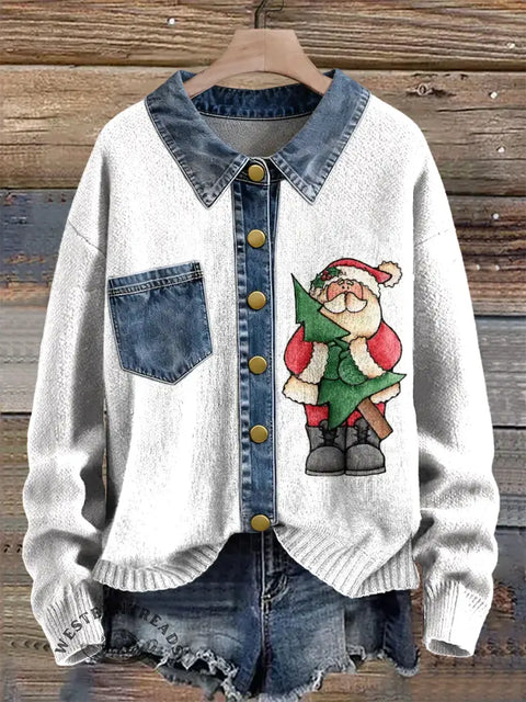 Santa Claus Print Patchwork Denim Knit Pullover Sweater
