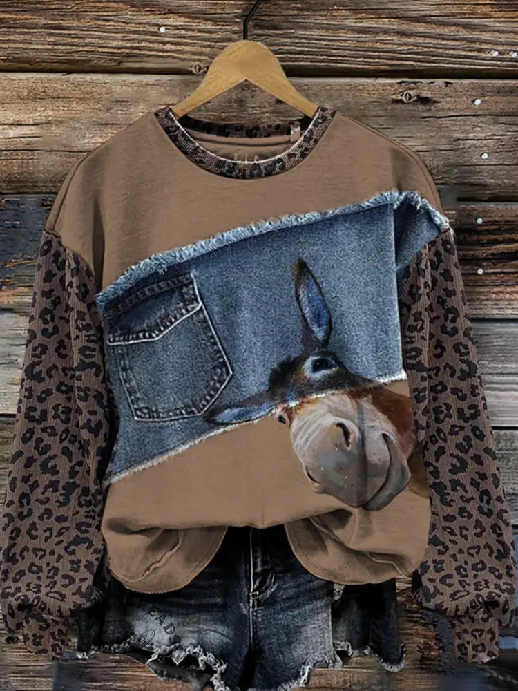 Funny Donkey Print Patchwork Denim Leopard Print Christmas Sweatshirt