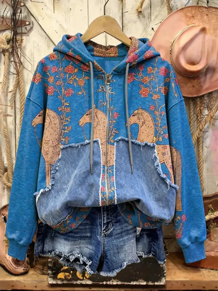 Retro Print Casual Cotton Patchwork Hooded Zip-up Sweatshirt