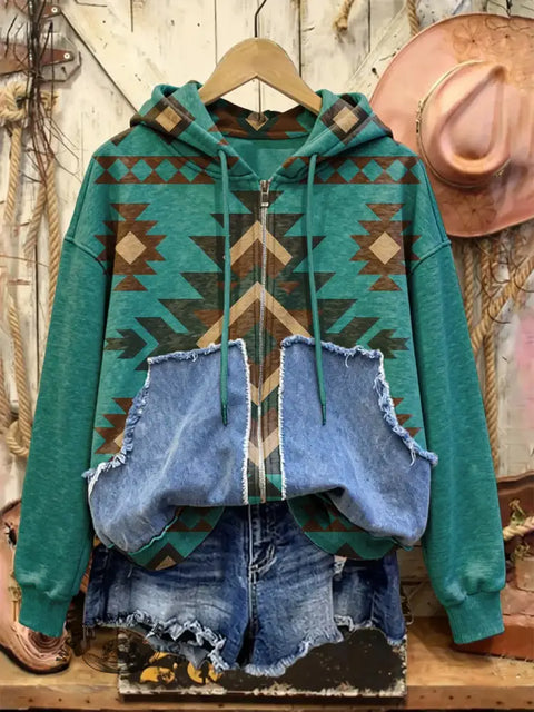 Retro Western Print Casual Cotton Patchwork Hooded Zip-up Sweatshirt