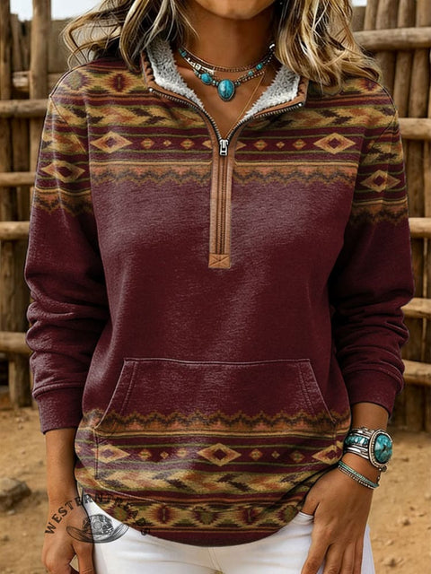 Retro Aztec Print Casual Half-zip Cotton Sweatshirt