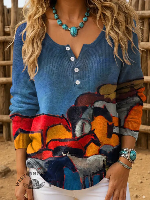 Retro Horse Print Buttoned Cardigan Sweater