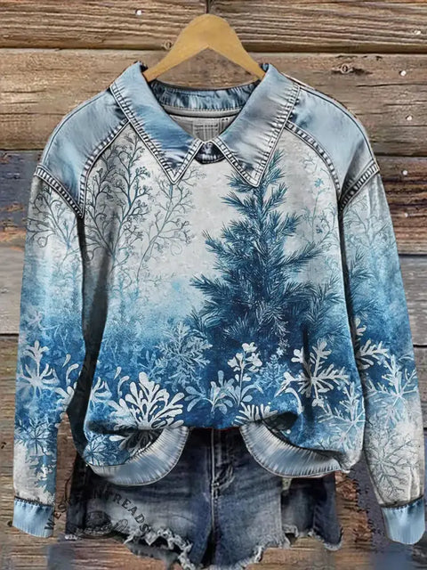 Winter Christmas Art Print Casual Denim Patchwork Sweatshirt