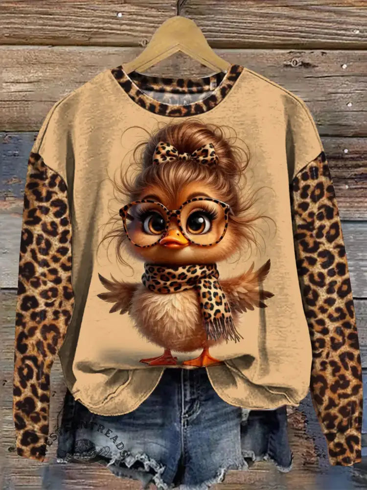 Vintage Leopard Chicken Art Print Casual Sweatshirt
