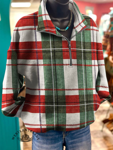 Red and Green Checkered Print Casual Long Sleeve Zip Sweatshirt