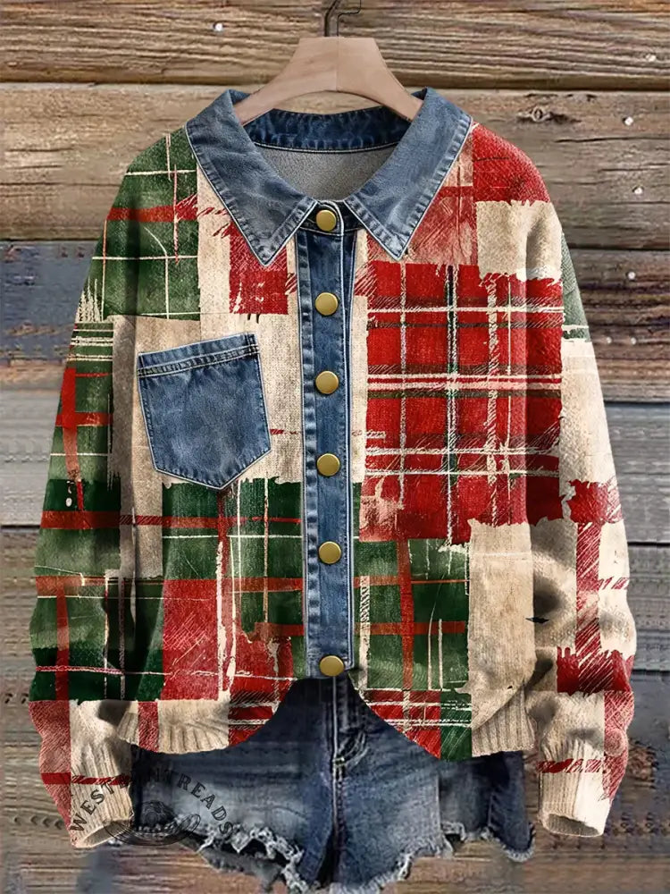 Retro Plaid Print Patchwork Denim Knit Pullover Sweater