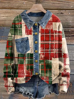 Retro Plaid Print Patchwork Denim Knit Pullover Sweater