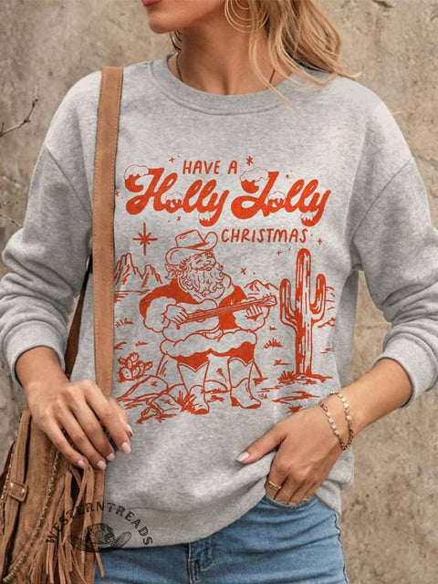 Christmas Western Cowboy Print Casual Cotton Sweatshirt