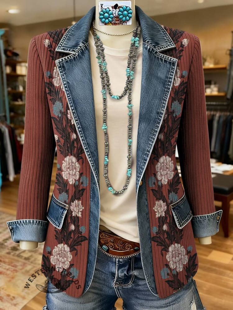 Floral Print Patchwork Denim Sweater