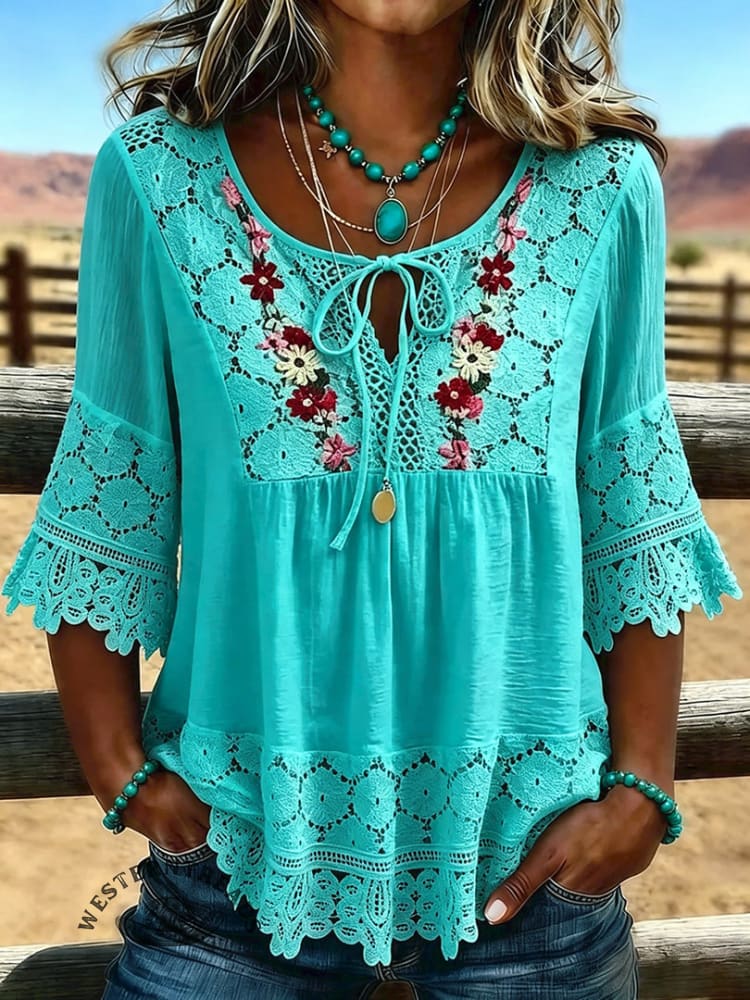 Women's Vintage Flowers Print Patchwork Lace Casual Shirt