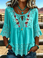 Women's Vintage Flowers Print Patchwork Lace Casual Shirt