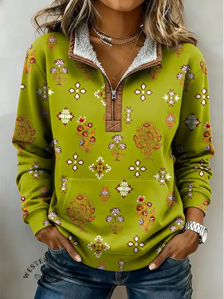 Retro Floral Print Casual Half-zip Cotton Sweatshirt