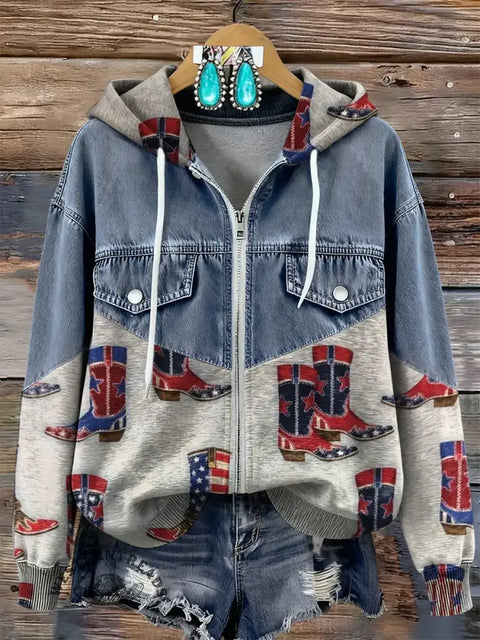Western Boot Print Patchwork Denim Zip-up Hoodie