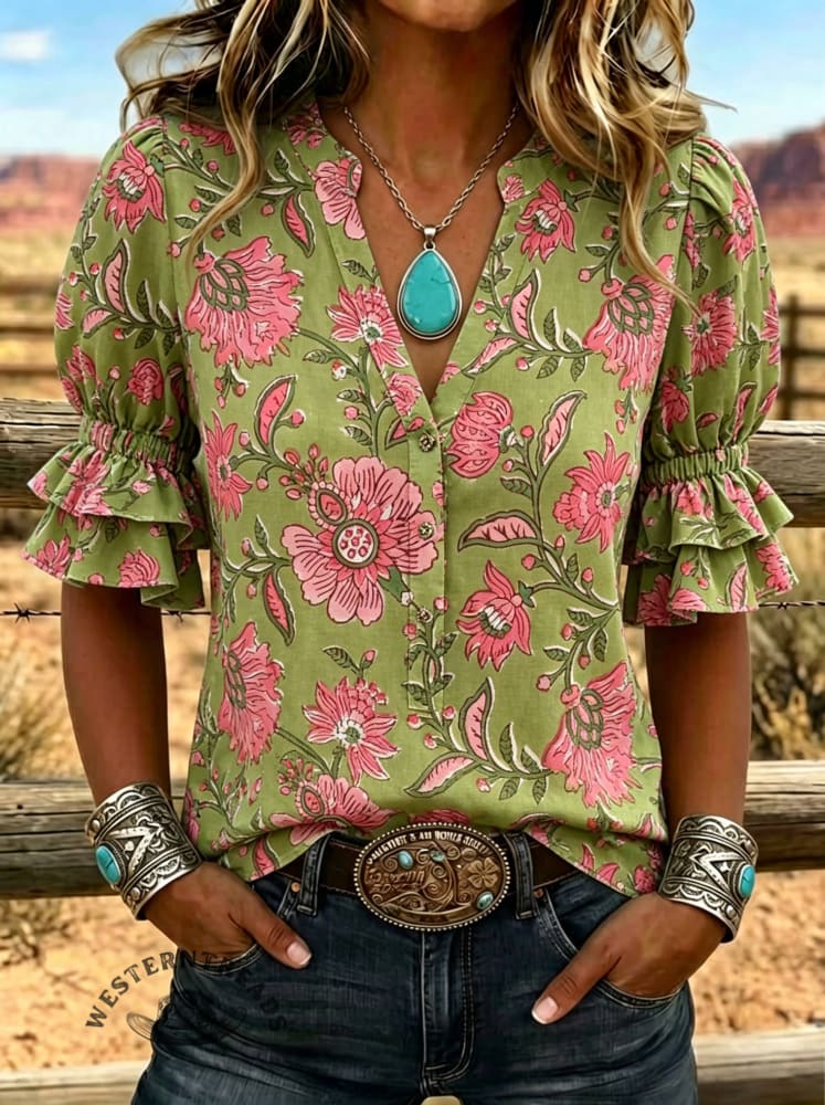 Women's Floral Print Puff Sleeve Casual Shirt