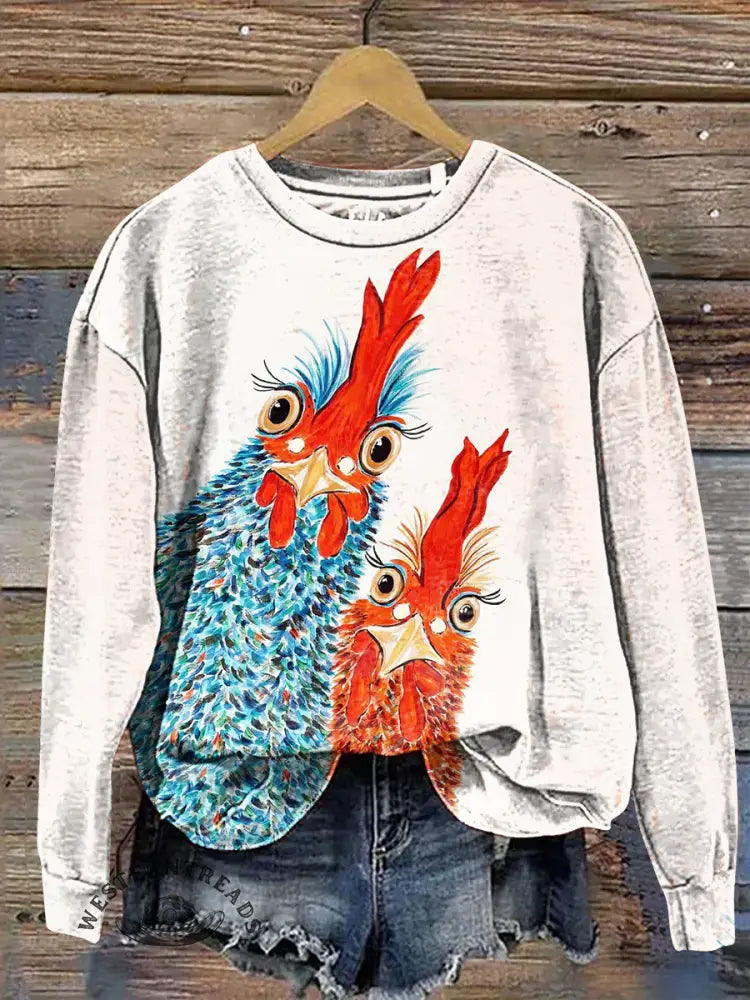 Vintage Chicken Art Prints Casual Cotton Sweatshirt