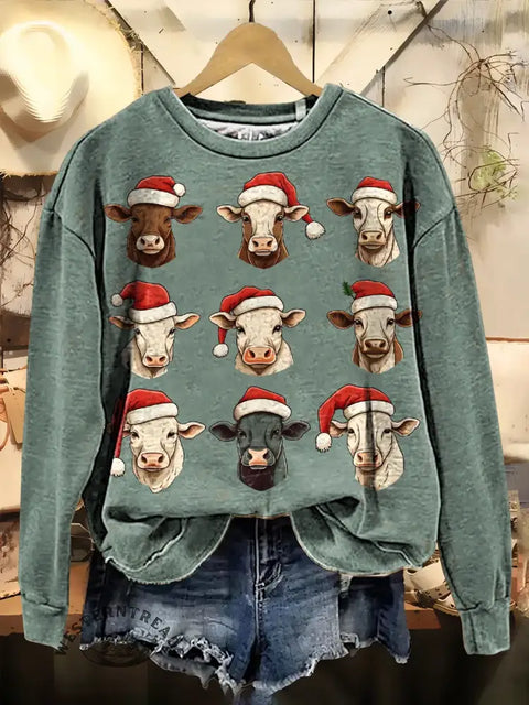 Christmas Ranch Cow Print Casual Cotton Sweatshirt