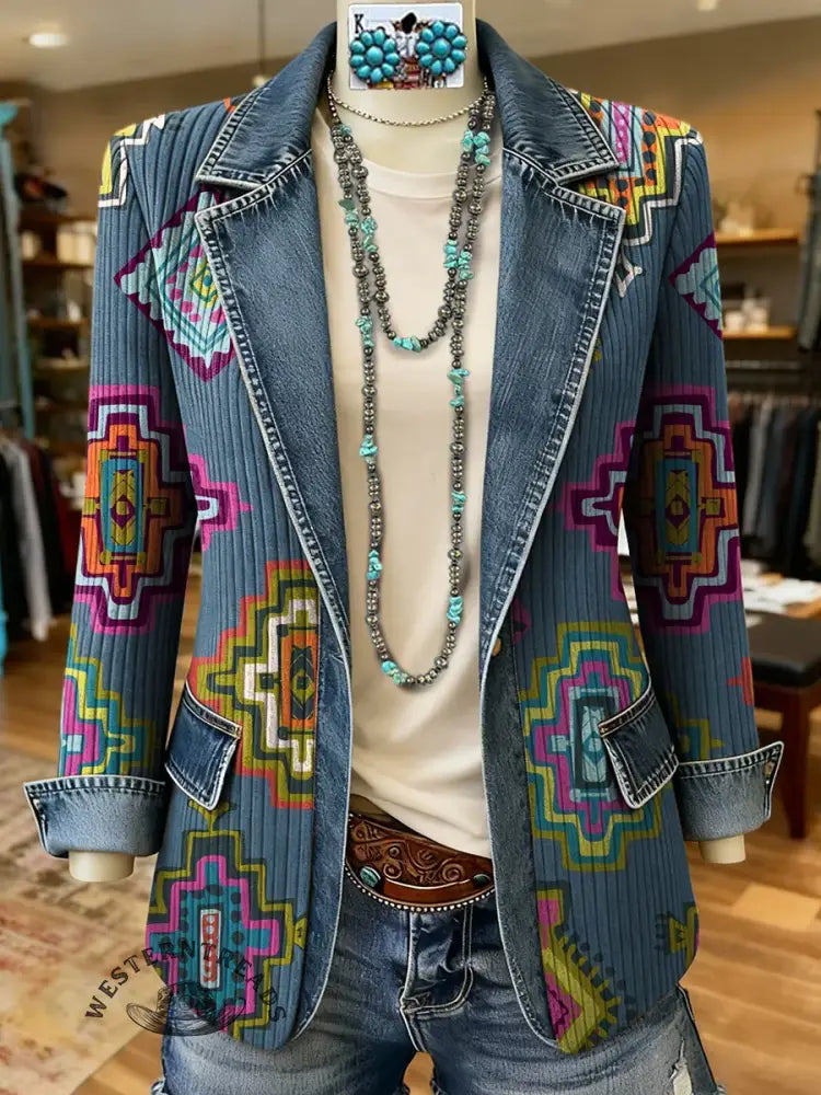 Retro Aztec Art Pattern Print Patchwork Denim Sweater Cardigan Coat