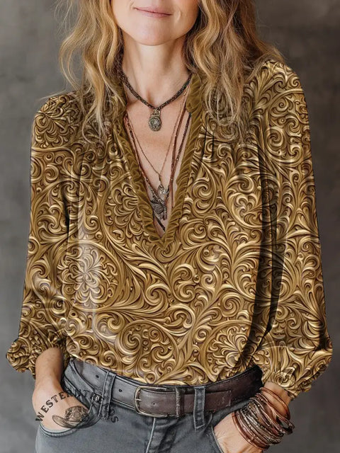 Retro golden stereoscopic flowers V-neck long-sleeved shirt