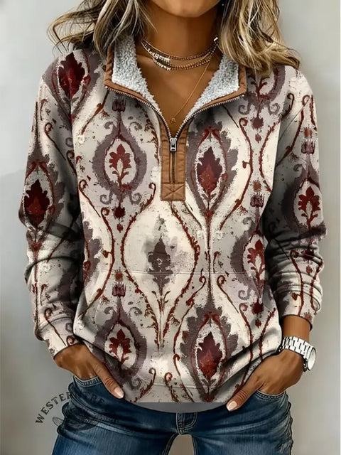 Simple Art Print Casual Half-Zip Cotton Sweatshirt