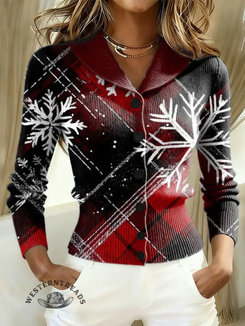 Retro Christmas Pattern Print Knit V-neck Pullover Sweater