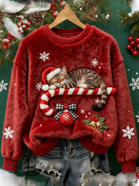 Women's Christmas Sleeping Cat Art Print Cozy Plush Sweater