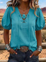 Women's Western Lace Up V Neck Puff Short Sleeve Plain Shirts
