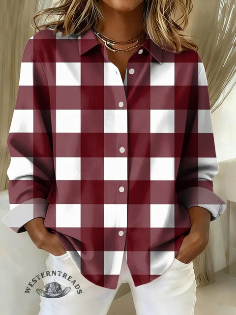 Women's red plaid Print Casual Cotton Shirt