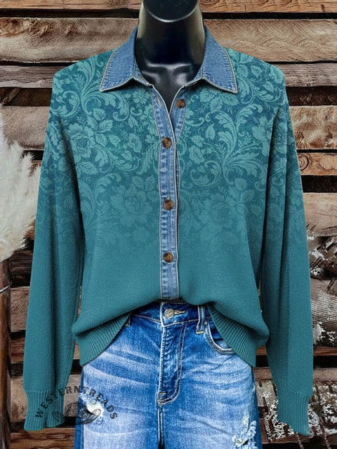 Denim Floral Polo Collar Button Cardigan Sweater