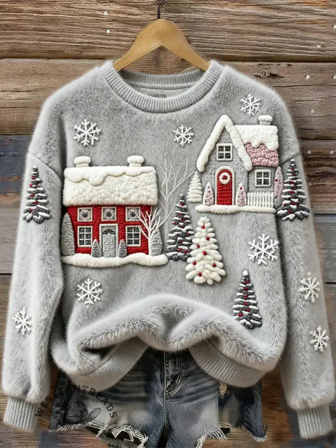 Women's Christmas House Art Print Cozy Plush Sweater