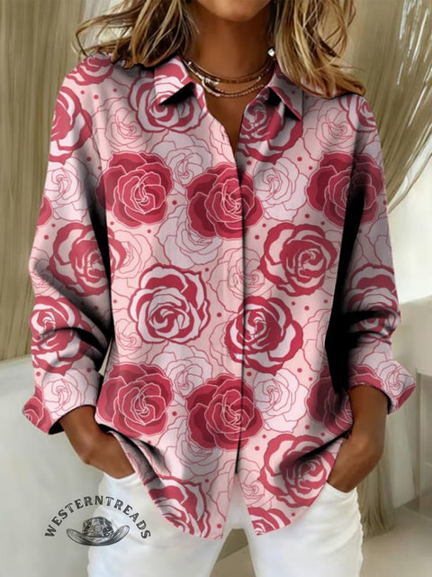 Women's Rose Print Casual Cotton Shirt