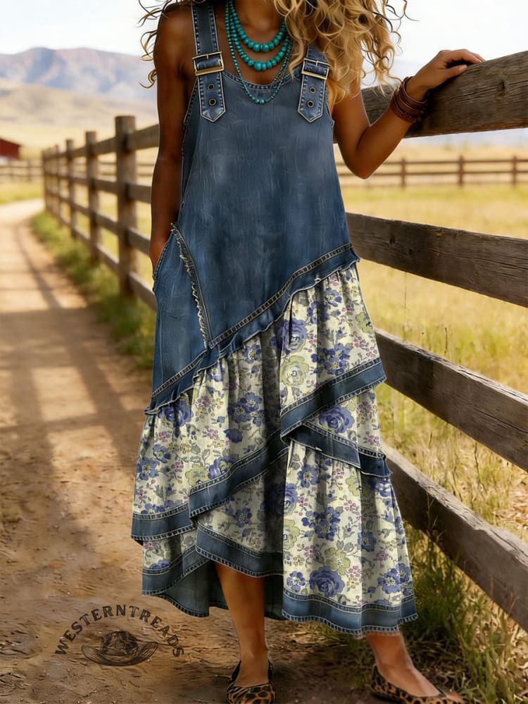 Retro Women's Denim Patchwork Long Dress