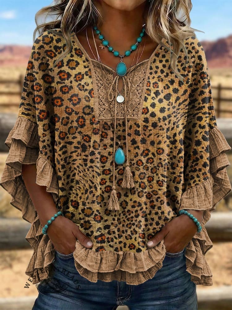 Vintage Leopard Art Patchwork Hollow Design Cotton And Linen Shirt