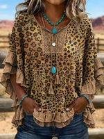 Vintage Leopard Art Patchwork Hollow Design Cotton And Linen Shirt