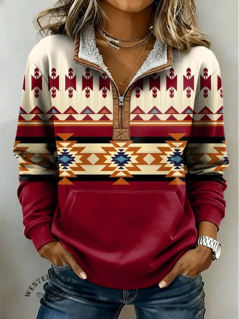 Aztec Print Casual Half-zip Cotton Sweatshirt