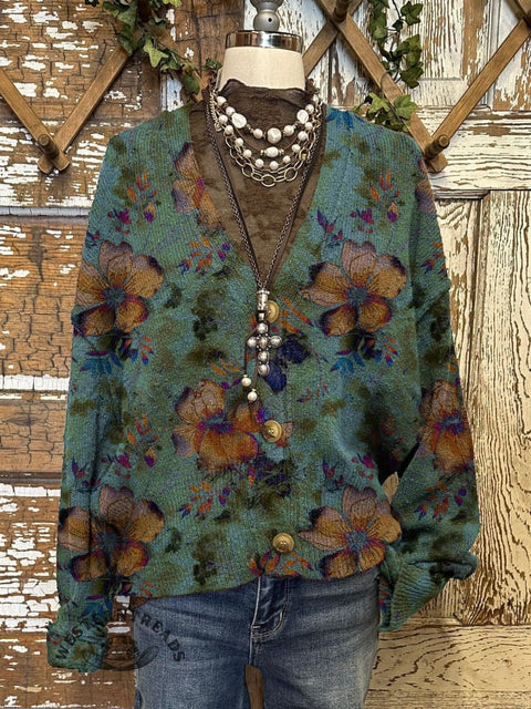 Floral Print Buttoned V-neck Cardigan Sweater