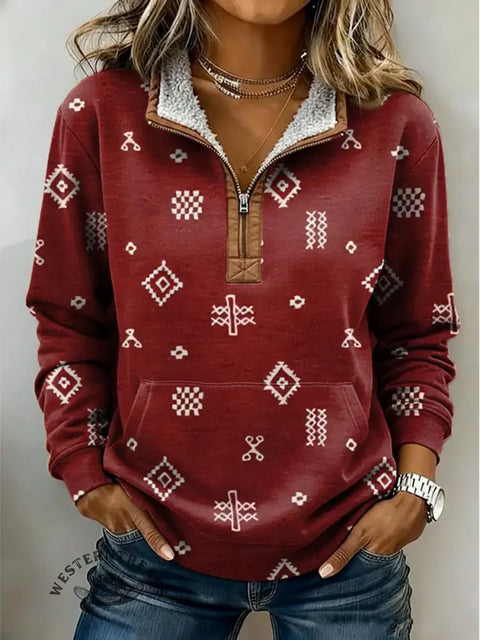Retro Aztec Art Pattern Casual Half-Zip Cotton Sweatshirt