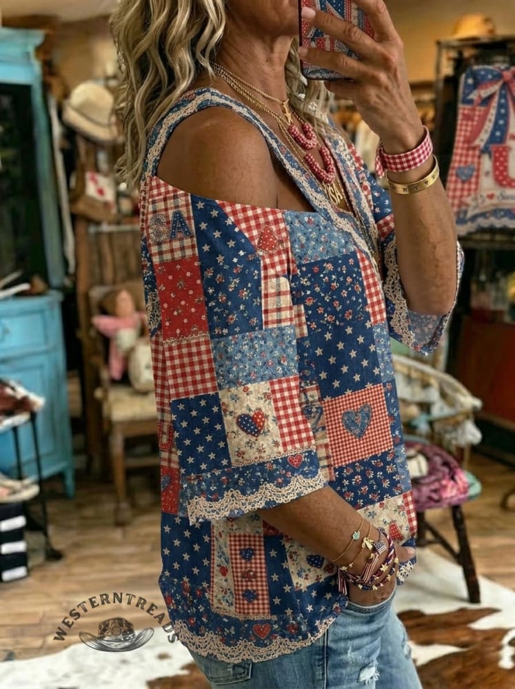 America Art Print Off-shoulder Patchwork Casual Shirt