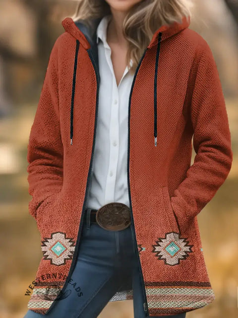 Aztec Print Unisex Plush Thick Long-Sleeved Cardigan Coat